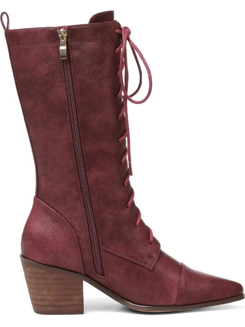 Women's Red Lace Up Chunky Heel Vintage Combat Heeled Dress Casual Boots